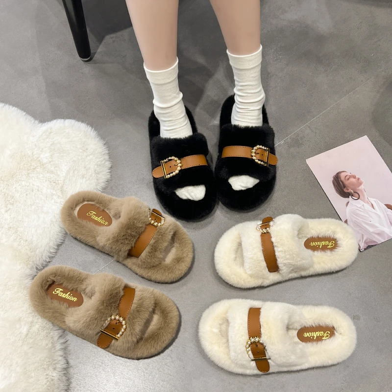 2025秋冬毛鞋一字带D扣新款爆款时尚外穿一字鞋D扣毛毛拖
