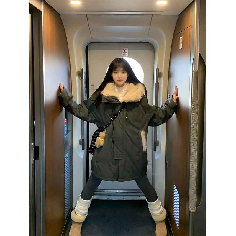 KSKM墨灰绿工装棉服女2025冬季新款美式加厚保暖连帽中长款派克服