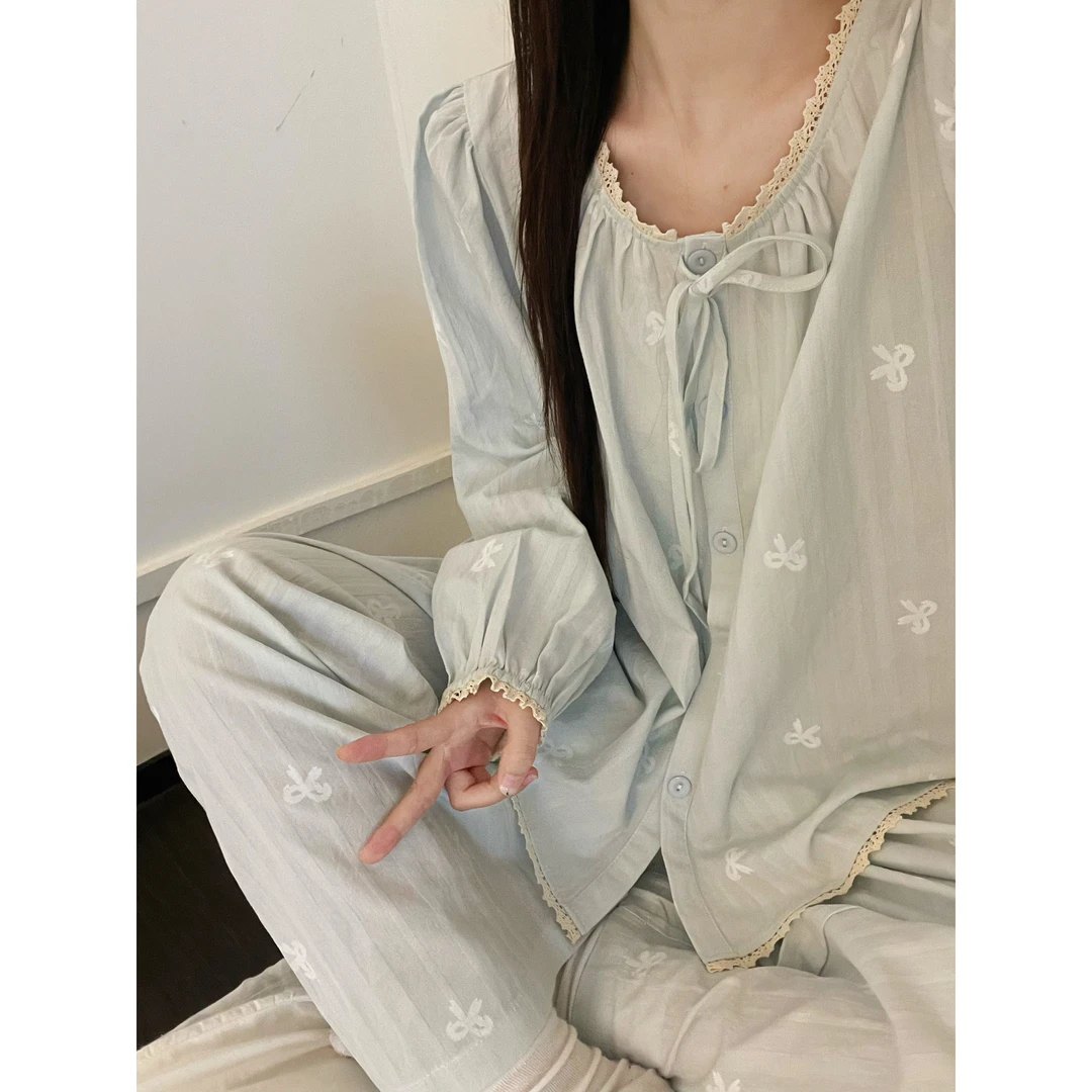 春秋季新韩系甜美睡衣女款简约蝴蝶结花边宽松休闲百搭家居服套装