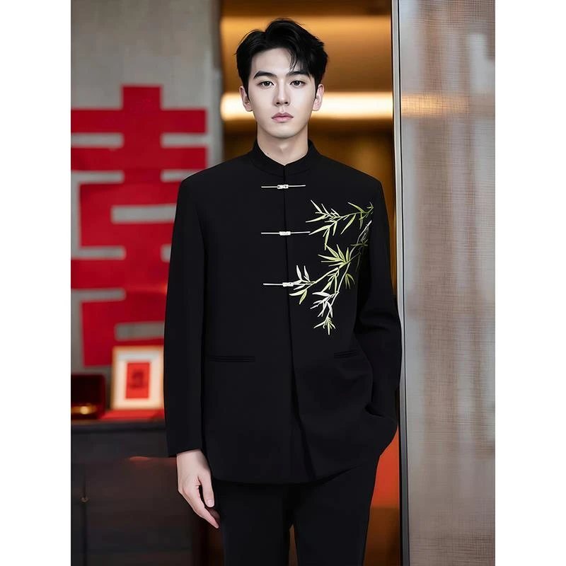 FAVMARTHA-中山装新中式西装套装男高级感订婚穿搭竹叶刺绣垫肩唐