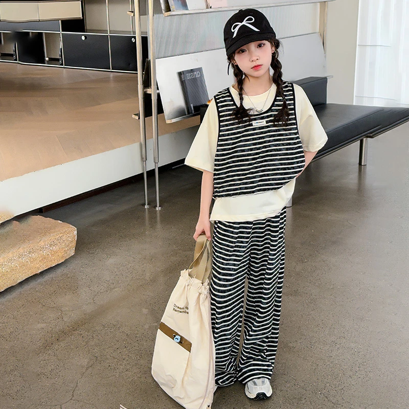 女童套装夏装新款条纹长裤背心T恤三件套8中大童洋气时髦韩版女孩