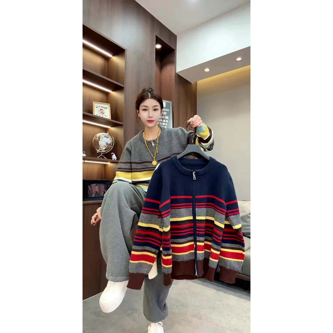 欧货洋气时尚宽松双拉链撞色条纹长袖毛衣开衫