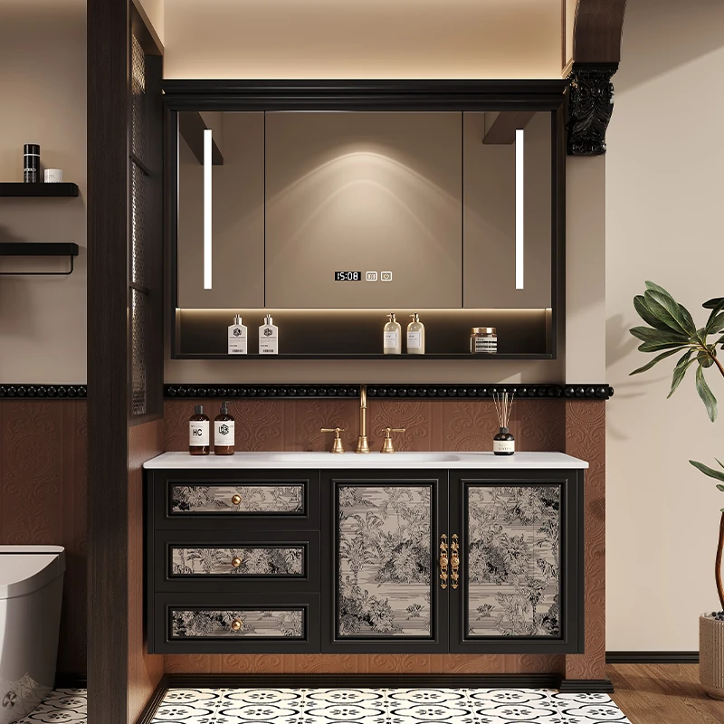 法式浴室柜橡木烤漆新款工艺洗手间洗漱台智能岩板一体盆卫浴柜