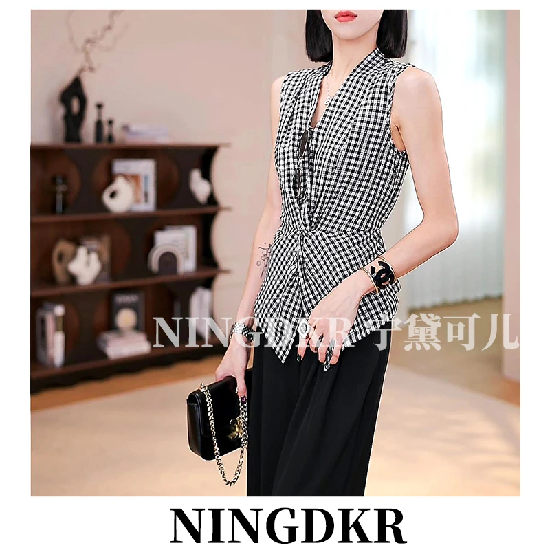 宁B40540设计感扭结复古黑白格子背心马甲女收腰显瘦无袖上衣马夹