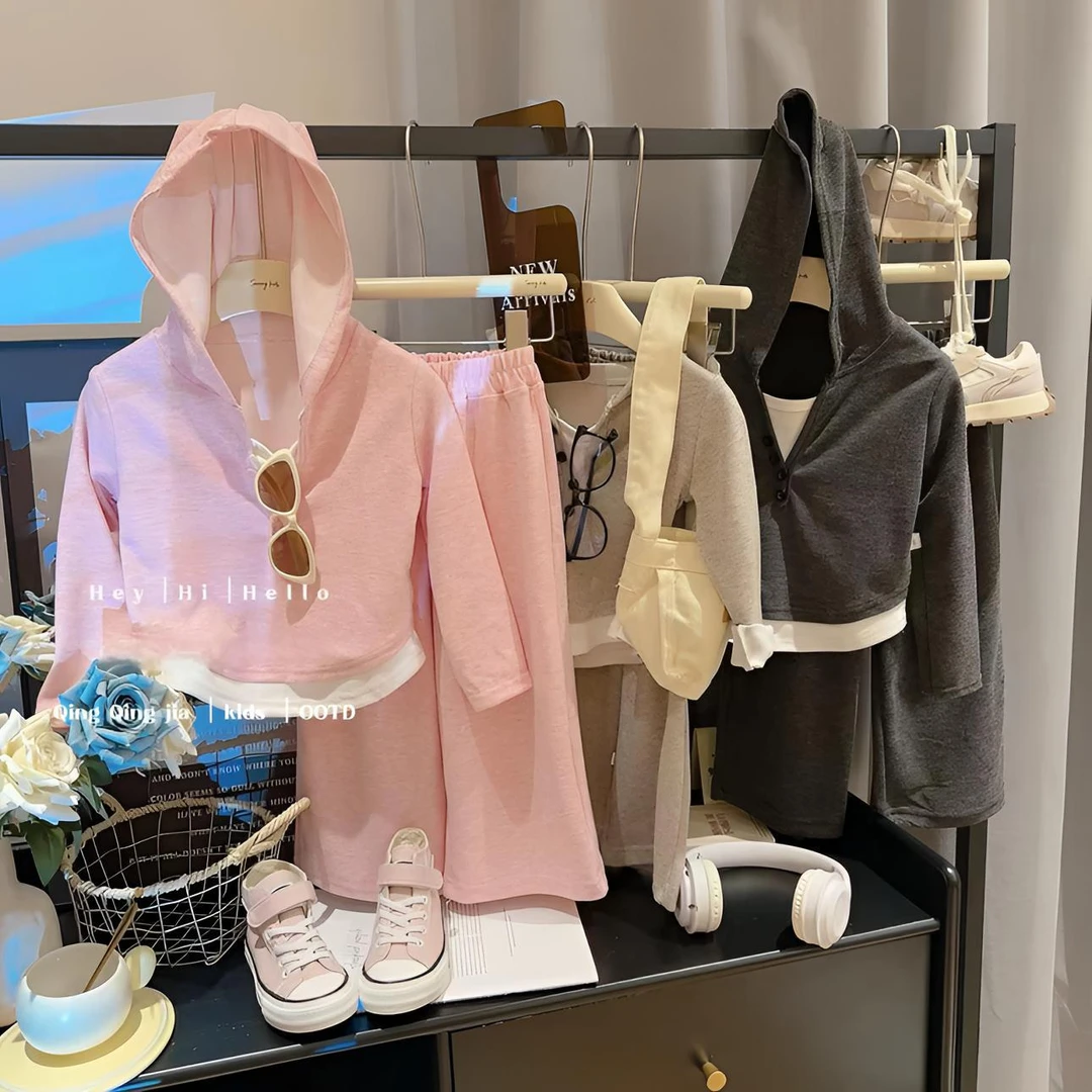 25秋上新慕斯绒假两件连帽打底衫+阔腿裤两件套秋季套装