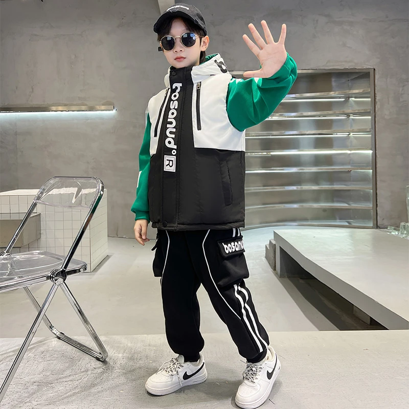 男童运动套装2025春秋冬装加厚加绒儿童卫衣马甲三件套帅气炸街