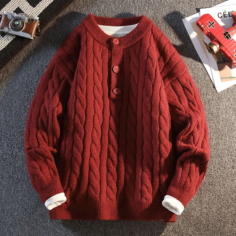 喜庆本命年红色亨利领毛衣外套男秋冬加厚保暖半高领针织衫不起球