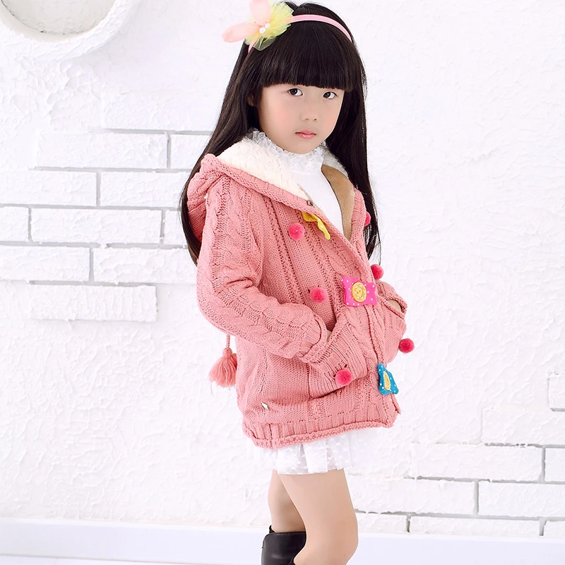 女童秋冬加绒补丁纽扣毛线外套儿童保暖连帽针织外套女宝韩版开衫