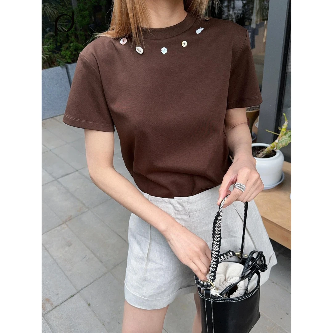 MARRMO马髦2025春夏海螺贝母装饰短袖T恤女799dopdop买手店