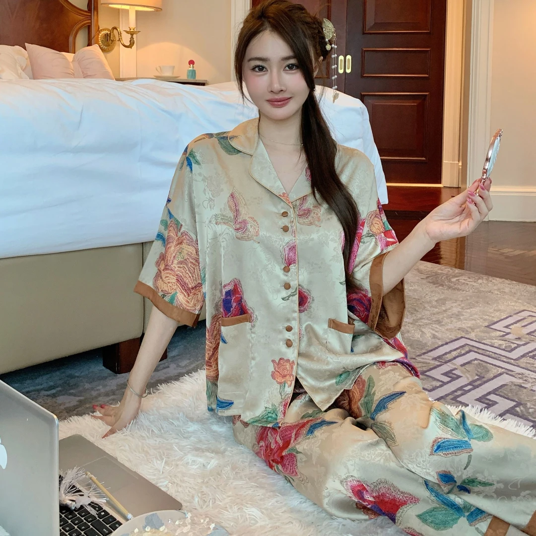 睡衣女款夏季薄款七分袖短裤家居服2025新款轻奢三件套可外穿