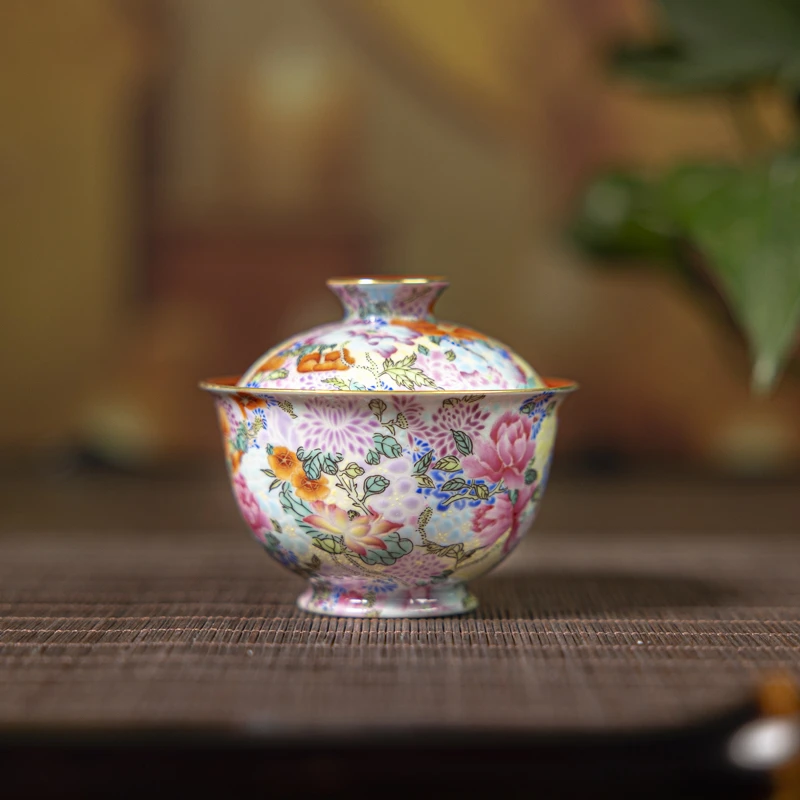 【景德镇陶瓷研究院】珐琅彩万花盖碗（jty170）景德镇陶瓷茶具