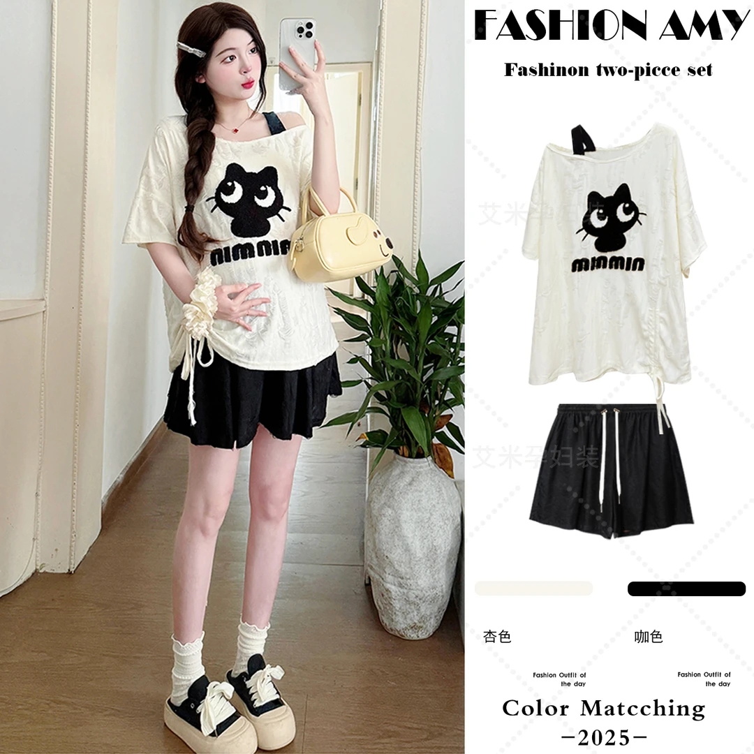 孕妇装夏装套装新款时尚韩版宽松猫咪刺绣露肩短袖上衣休闲短裤子