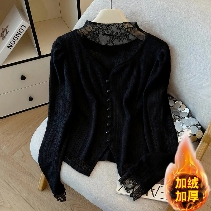 大码秋冬新款洋气假两件拼接蕾丝打底小衫气质加绒半高领针织上衣