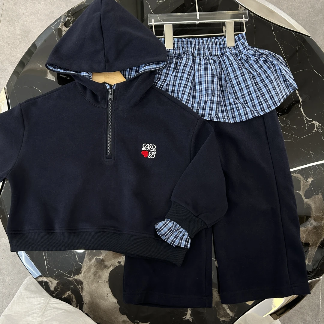 【JX】编码048男童女童2025年秋款运动风保暖格子裤裙卫衣套装66651