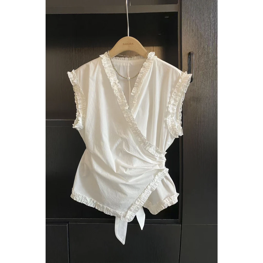 璎婲sᴀᴋᴜʀᴀ【米兰周末】金法式气质V领荷叶边褶皱绑带坎肩无袖衬衫