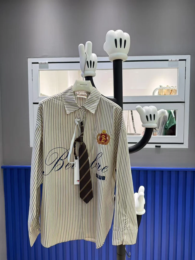 欧州站BOHAN秀秀家2025春夏新品猫咪条纹大版衬衫潮牌领带衬衣