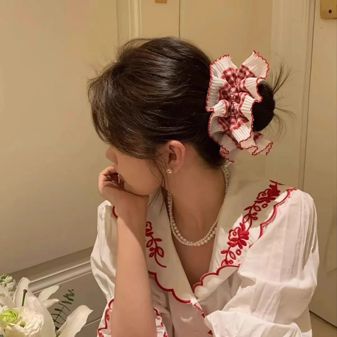 复古双层蕾丝格子发绳简约清新少女童话甜美大肠发圈时尚网红发饰