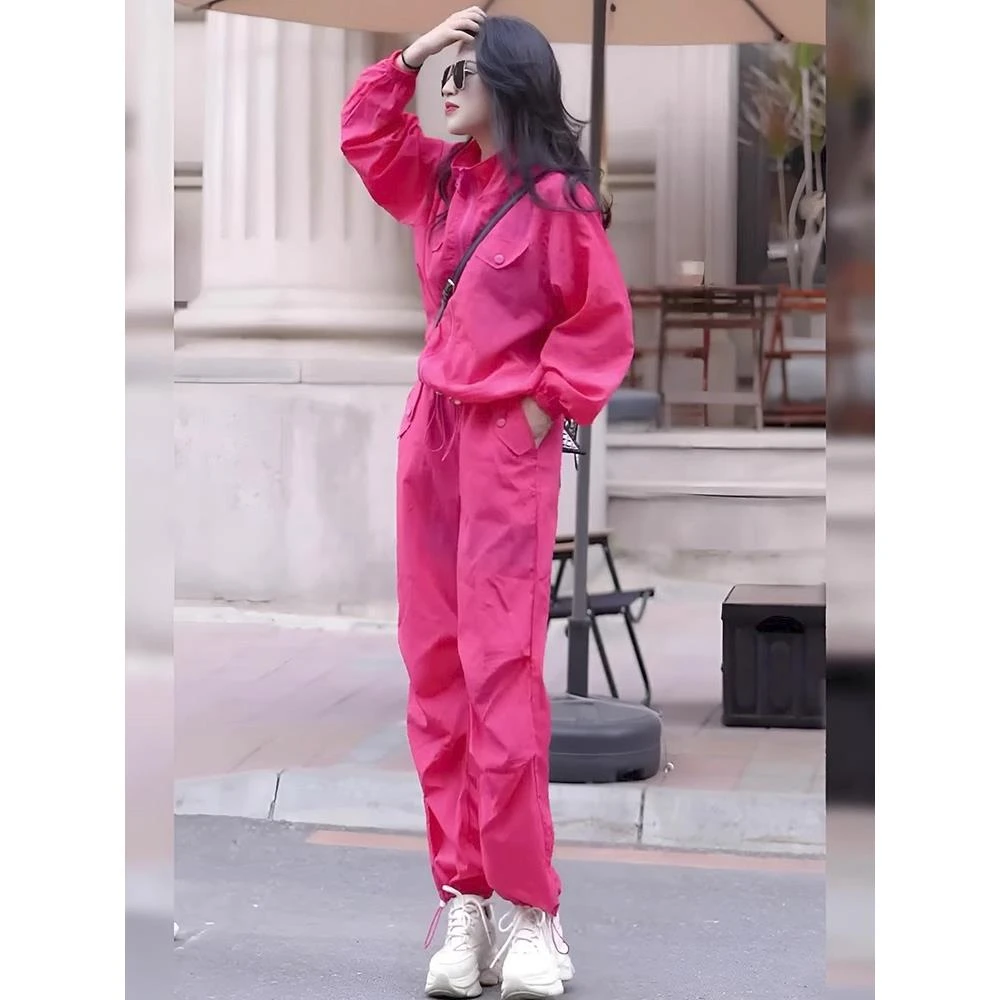 洋气减龄女士运动风套装今年爆款玫粉色立领宽松卫衣两件套女装潮