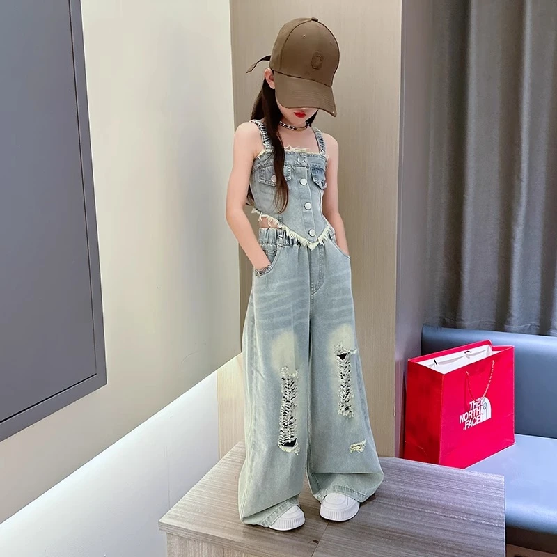 女童夏季复古牛仔套装2025新款港风美式背心韩版阔腿直筒裤两件套