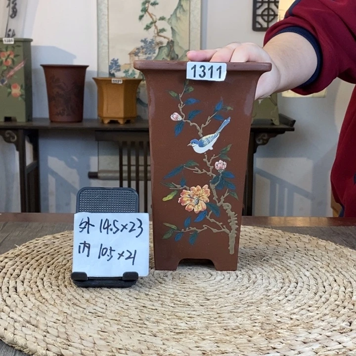 紫砂花盆  紫泥花鸟手绘签筒1311