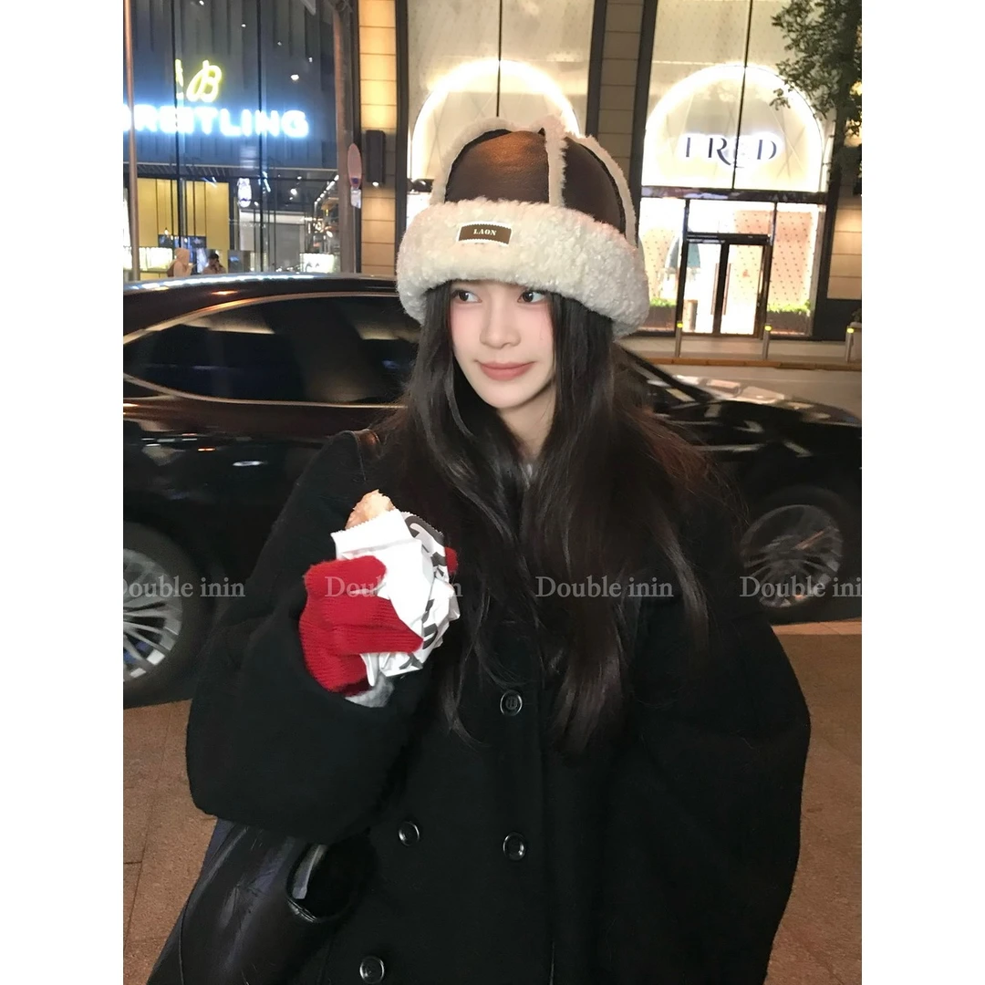 Double inin 韩系复古羊羔毛盆帽女冬季保暖百搭仿麂皮东北包头帽