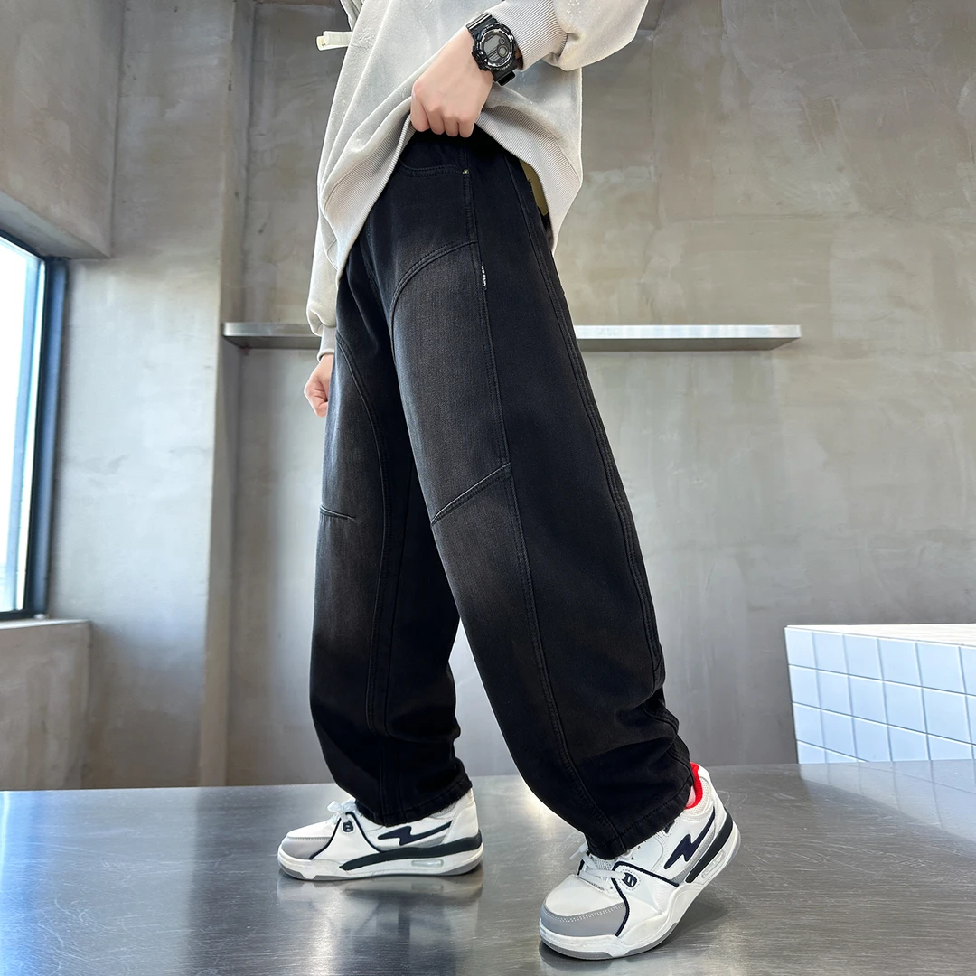 童装男童秋冬款加绒牛仔裤中大童儿童2025新款冬季黑色百搭裤子潮