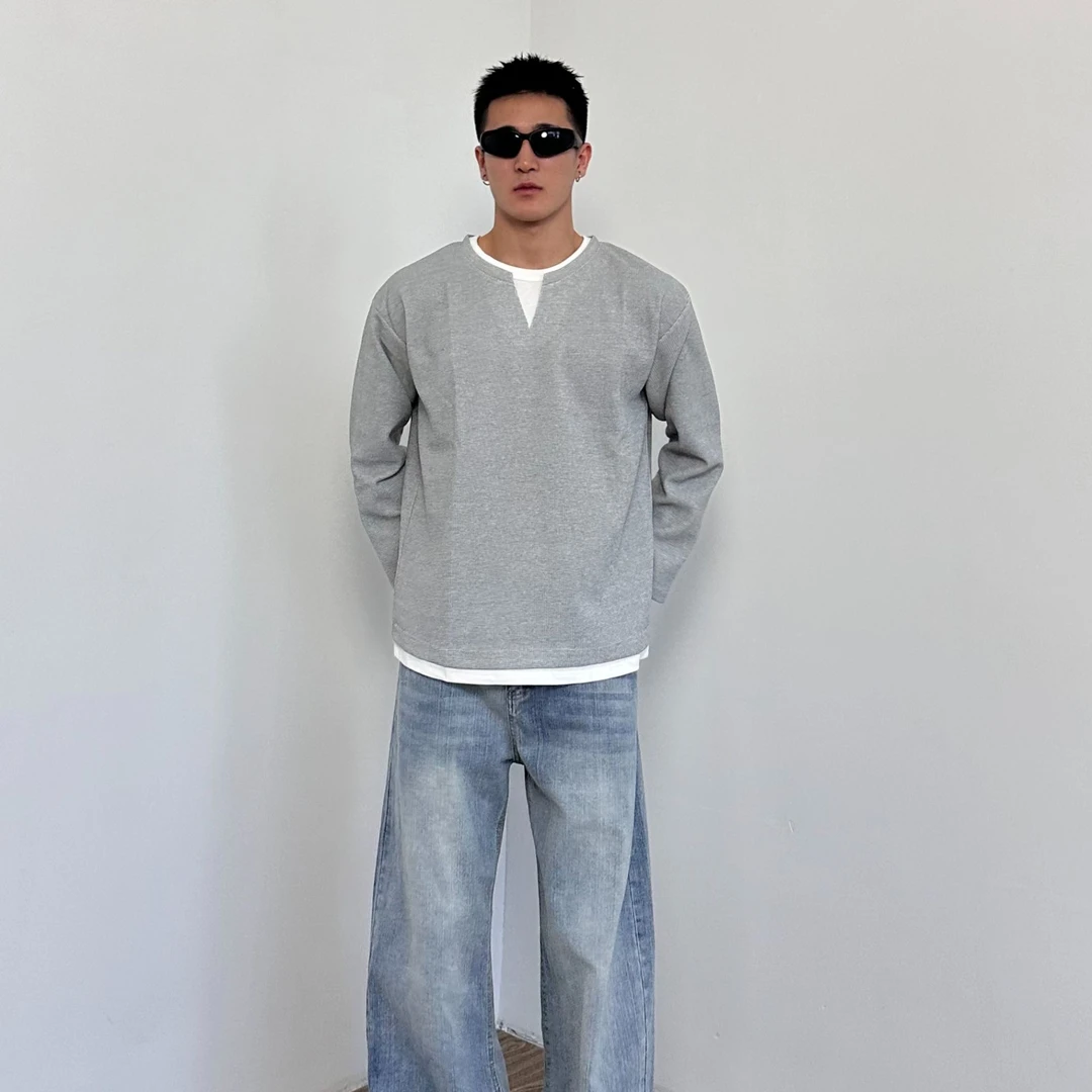 cleanfit假两件v领长袖t恤男春夏季美式复古圆领亨利衫休闲内搭潮