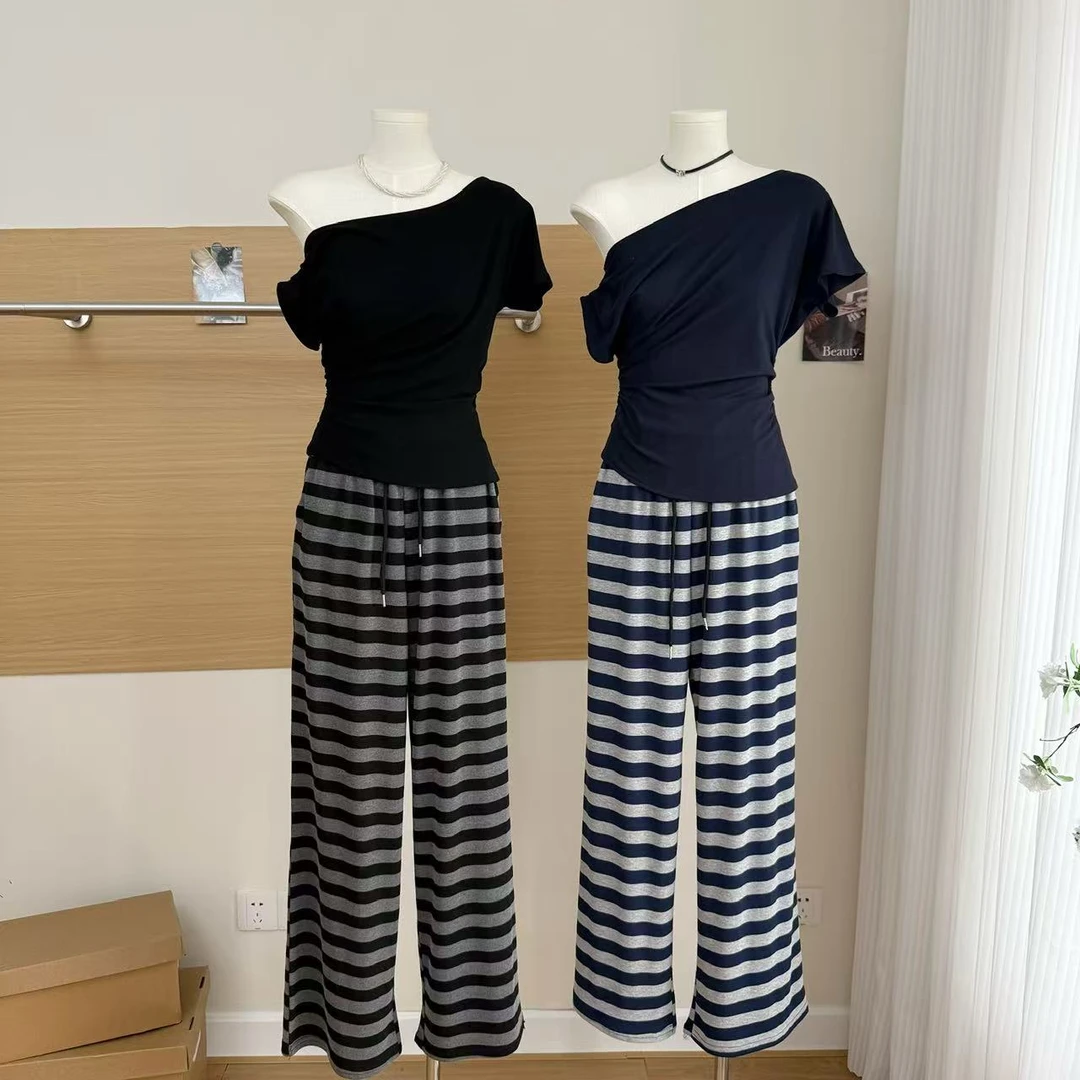 韩系斜肩短袖上衣高腰垂感条纹直筒裤两件套女夏新款时尚休闲套装