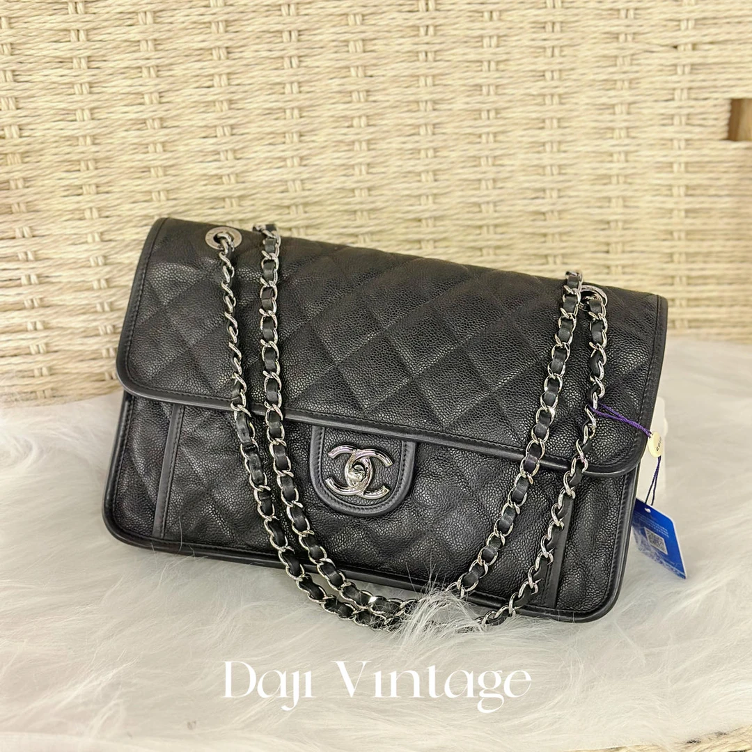 大吉中古/Chanel香奈儿黑银邮差cf大号单肩包