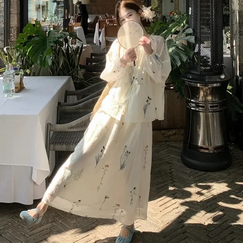 FRVXO夏季新款2025新款国风古韵绣花长袖上衣松紧半裙两件套