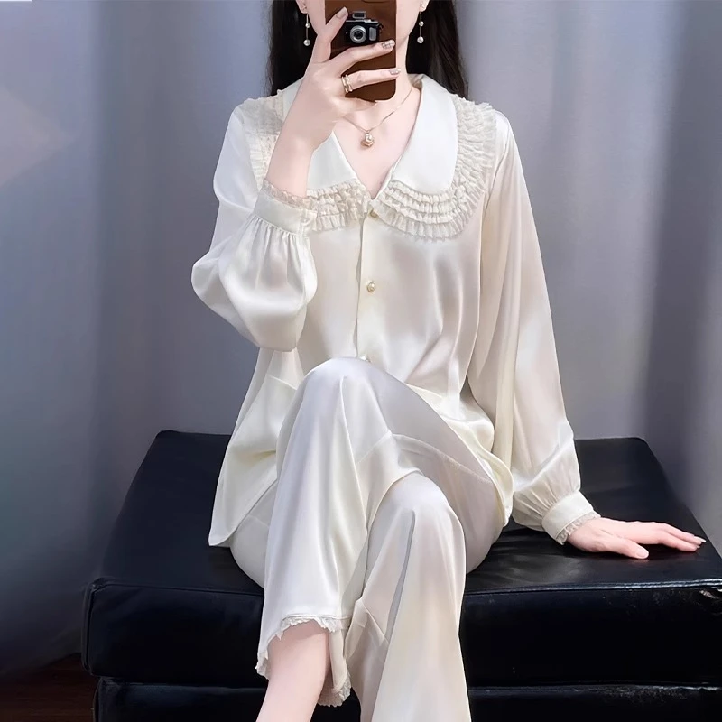 tpvl2025新款法式水光绸睡衣女春秋杏色宫廷风家居服套装薄款长袖