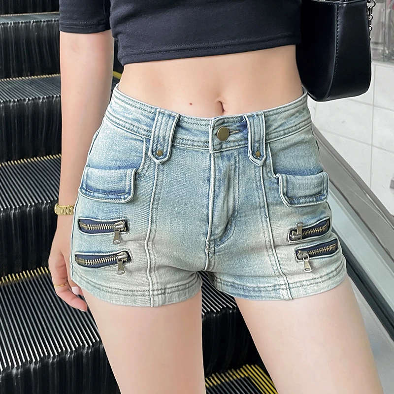 复古美式低腰牛仔超短裤女夏薄款紧身包臀滚烫辣妹修身性感热裤子