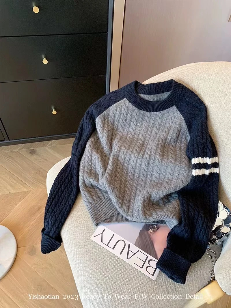 韩系撞色圆领麻花插肩袖毛衣女秋冬新款慵懒百搭内搭打底衫上衣