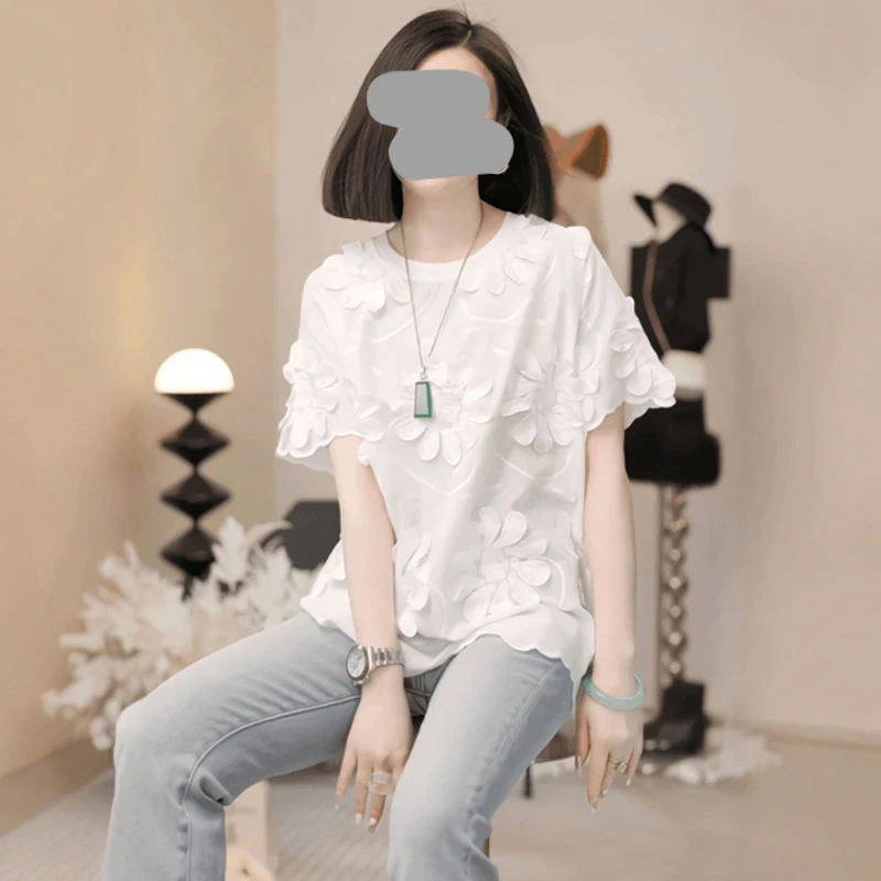 法式气质重工刺绣套头打底衫女2025夏季新款宽松外穿短袖T恤上衣