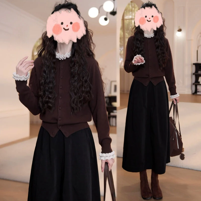 慵懒风时尚套装女2025秋季新款木耳边针织衫高腰A字半身裙两件套