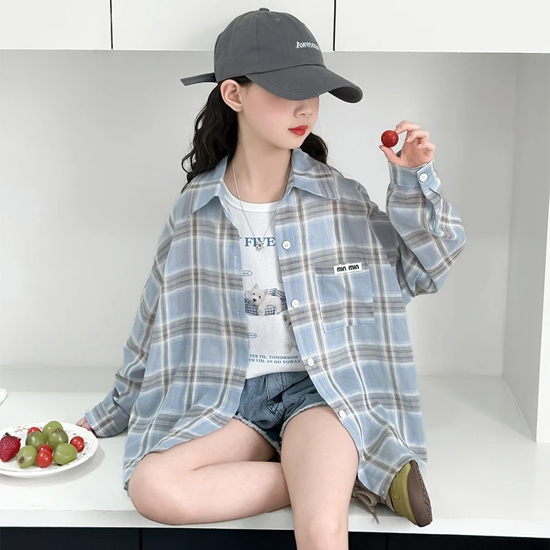 女童夏季防晒格子衬衣2025新款儿童洋气薄款衬衫中大童休闲防晒服