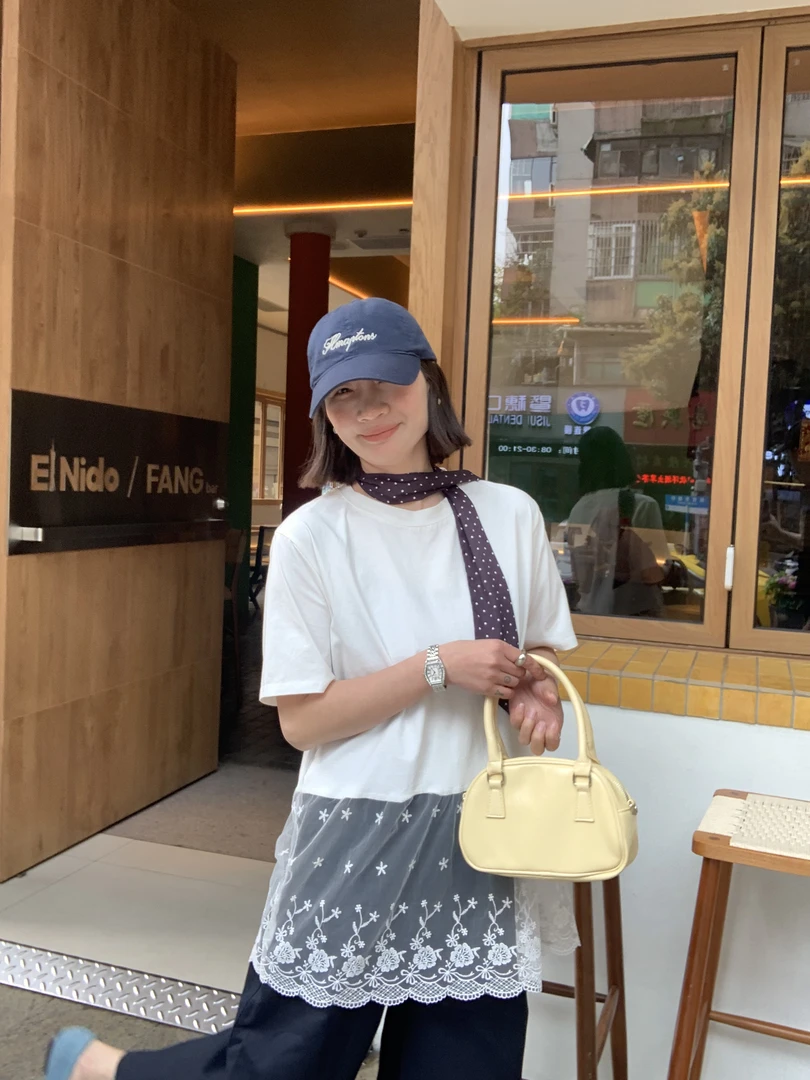 短袖打底衫圆领蕾丝拼接设计感纯色百搭上衣#514