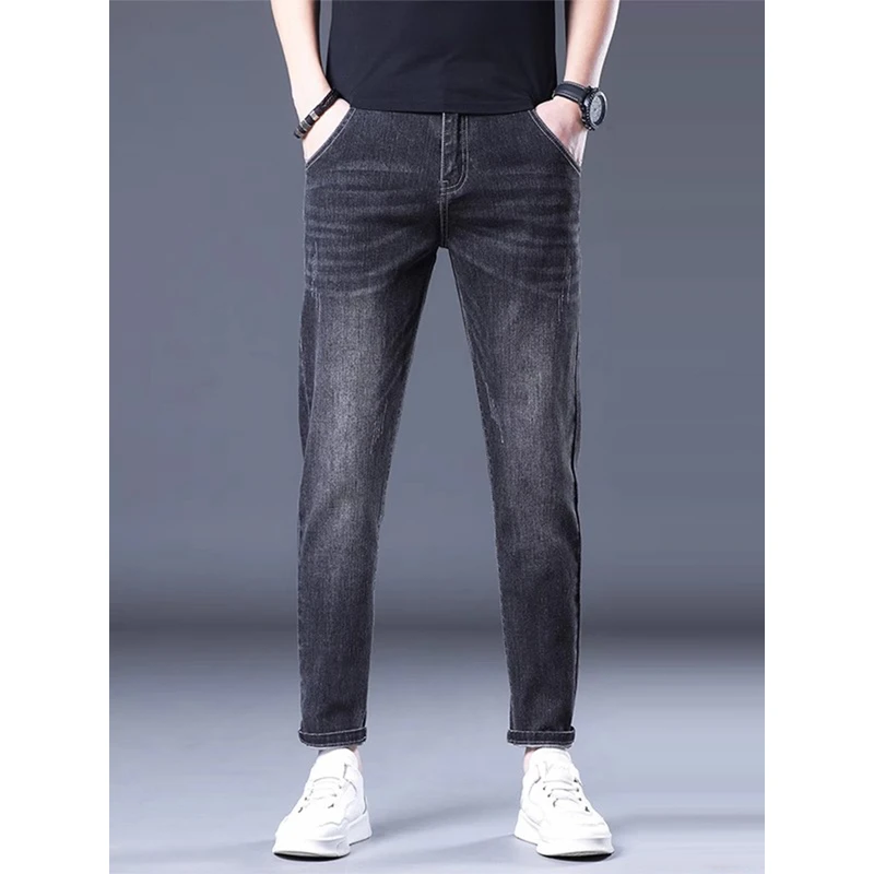 Leekody香港2025秋冬款高端黑灰色牛仔裤男修身小脚韩版百搭9分裤