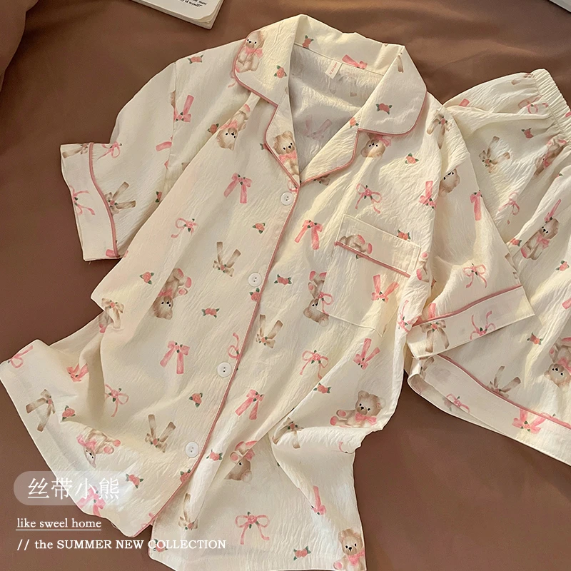 云朵棉卡通薄款睡衣女夏季短袖短裤少女翻领夏天可外穿家居服套装