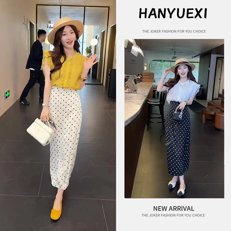 今年流行穿搭一整套2025新款褶皱花边小飞袖上衣波点半身裙两件套