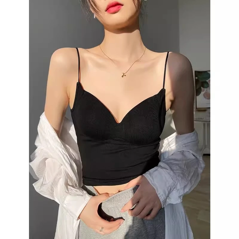 黑色吊带背心女内搭带胸垫文胸外穿美背短款无袖修身打底上衣春夏