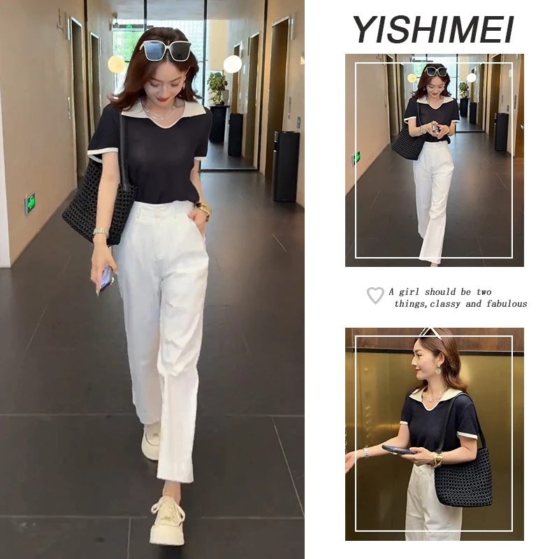 夏季时尚穿搭2025年新款韩系百搭简约短袖上衣显瘦休闲裤两件套装