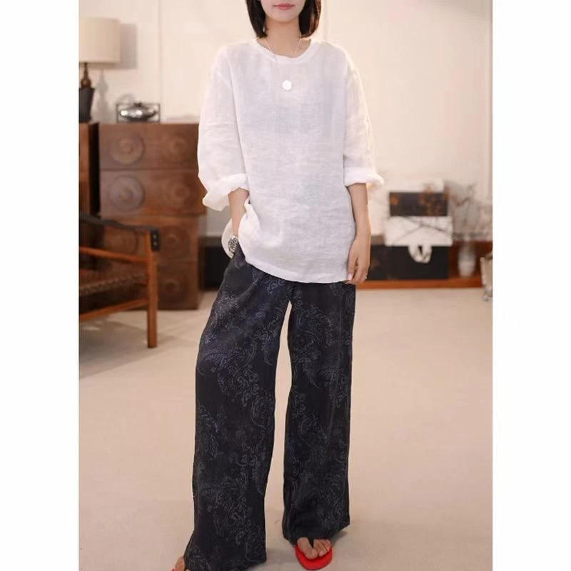 【GeShi】纯色亚麻罩衫圆领慵懒长袖体恤S-8007