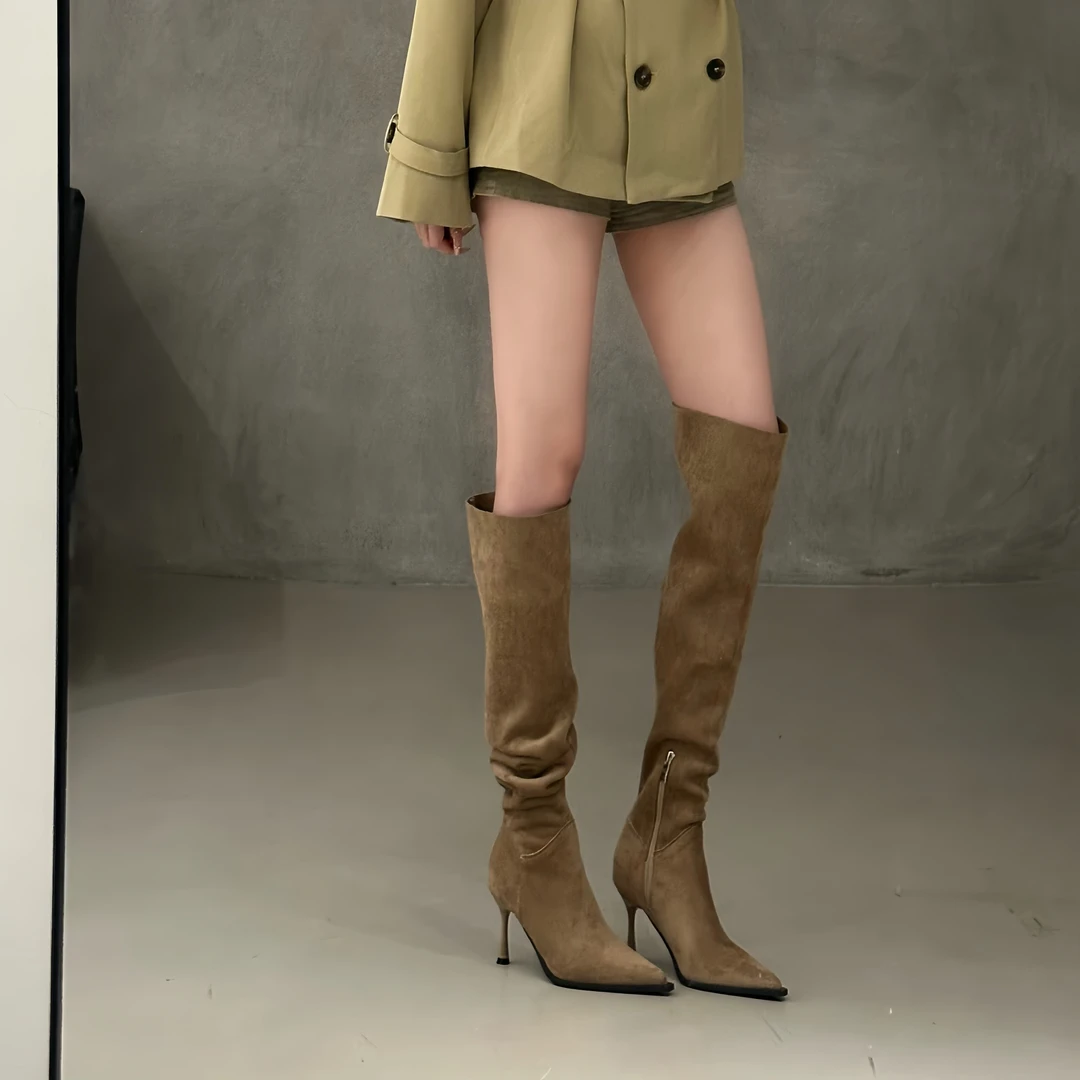温柔卡其色尖头显瘦堆堆长筒靴女细跟2025春秋新款性感高跟瘦瘦靴