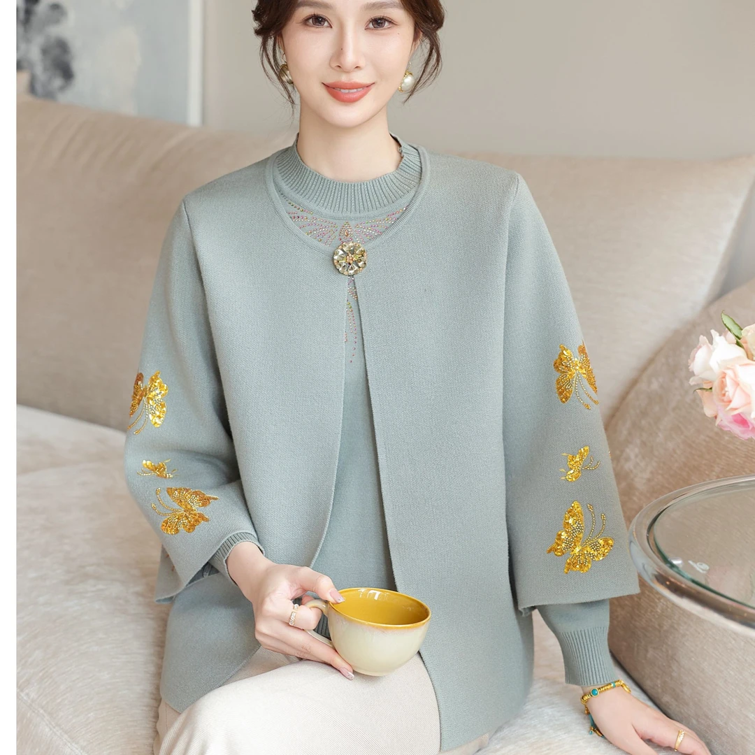 妈妈秋装新款针织两件套装上衣中老年女秋冬加厚外套高贵毛衣开衫