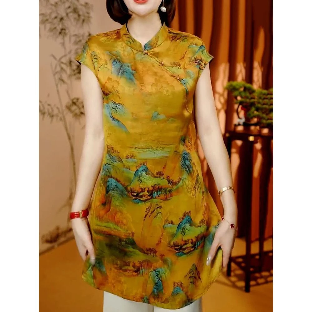 端庄优雅印花短袖衬衫上衣女2025夏季新款轻奢贵夫人大码显瘦衬衣