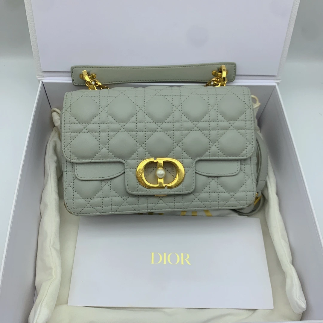 95新 DIOR/迪奥 藤格纹链条包 24年编码 云雾灰色牛皮革藤格纹