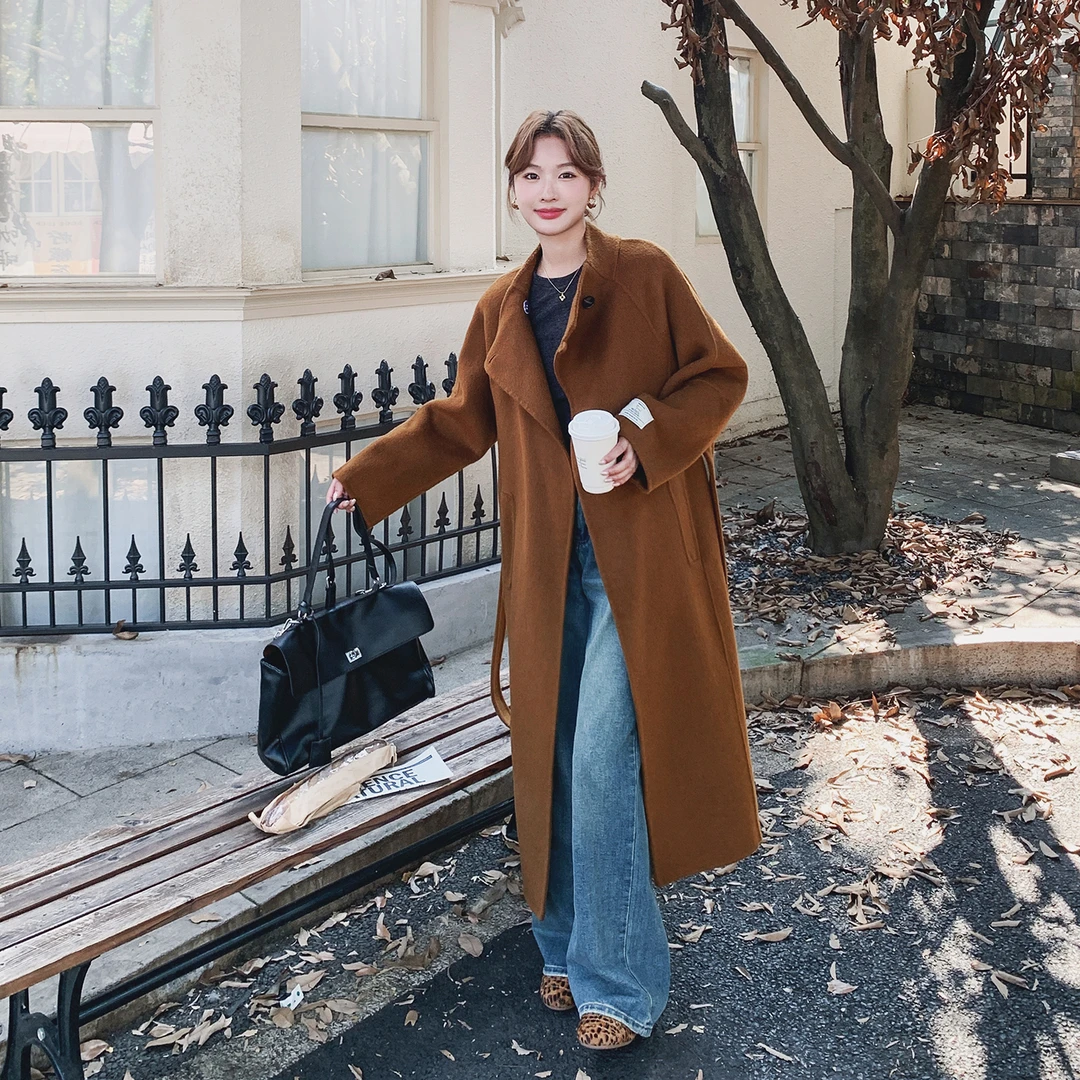 棕色高级感老钱风双面羊毛呢大衣女2025秋冬新款气质宽松呢子大衣
