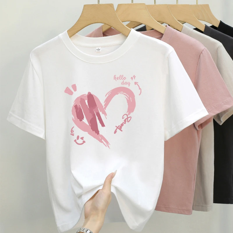 涂鸦心 夏季白色印花短款显瘦百搭设计感小众设计师韩版半袖潮流