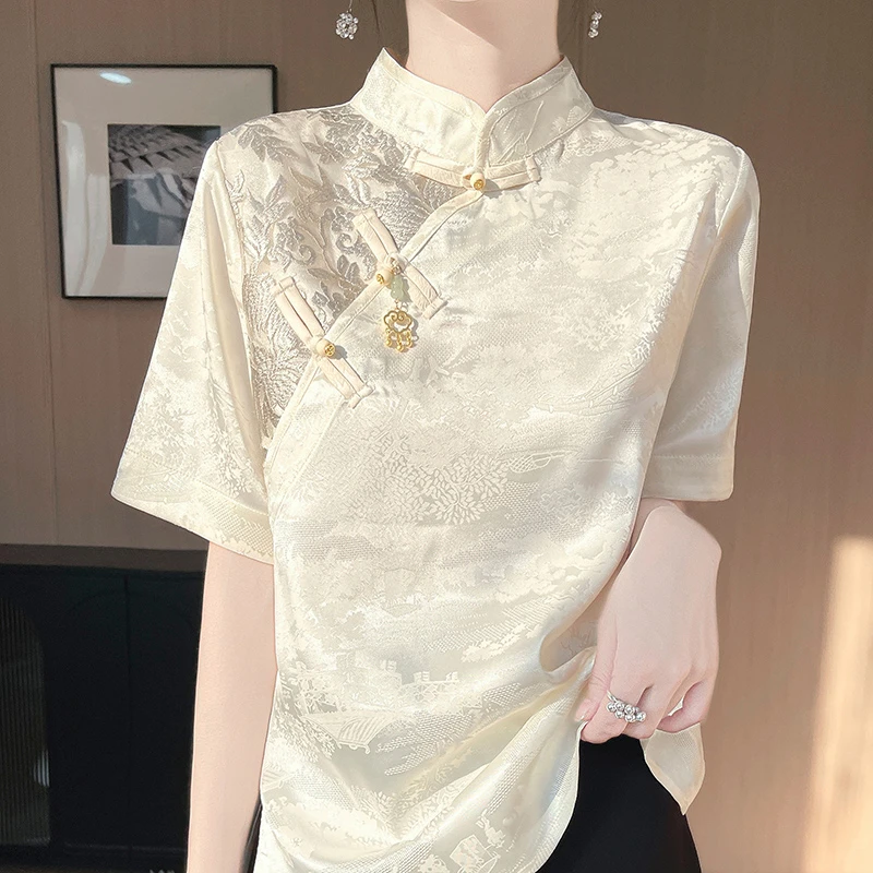 复古国风立领短袖t恤女盘扣新中式刺绣提花衬衣宽松缎面洋气上衣